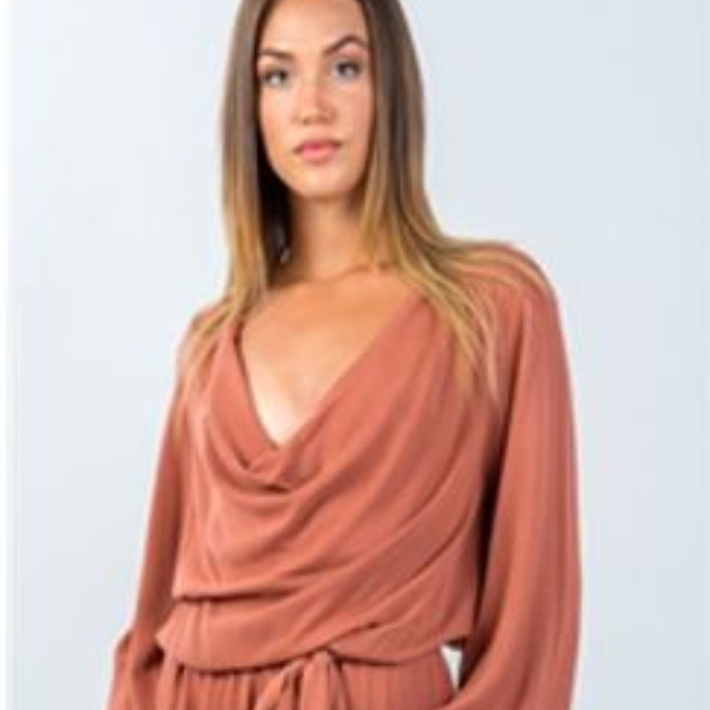 Rust Cowl-Neck Romper Bell Sleeves Romper - Picture 1 of 5